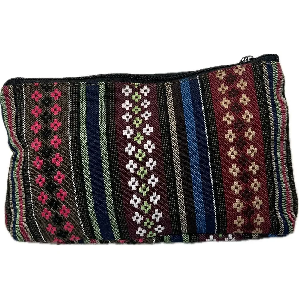 Boho Ultrasuede Embroidered Make-up Bag Beads Pom-pom